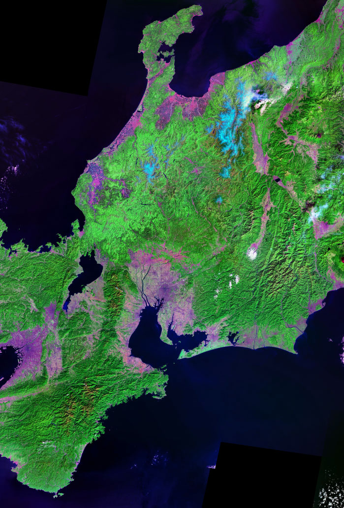 中部地方の衛星画像モザイク。Landsat衛星の可視・近赤外画像モザイク。