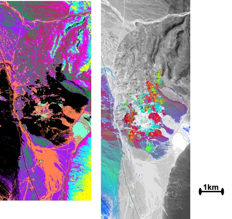 航空機搭載センサのハイパースペクトルセンサによる鉱物・岩石のマッピングの例