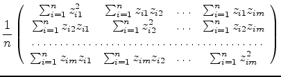 $\displaystyle {1\over n}\left(
\begin{array}{cccc}
\sum_{i=1}^{n} z_{i1}^2 & \s...
...um_{i=1}^{n} z_{im}z_{i2} & \ldots & \sum_{i=1}^{n} z_{im}^2
\end{array}\right)$