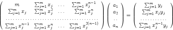 \begin{displaymath}
\left(
\begin{array}{cccc}
m & \sum_{j=1}^m x_j & \ldots & \...
...c}{\dotfill}\\
\sum_{j=1}^m x_j^{n-1} y_j
\end{array}\right)
\end{displaymath}