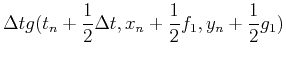 $\displaystyle \Delta t g(t_n+{1\over 2}\Delta t,y_n
+{1\over 2}f_1,z_n+{1\over 2}g_1)$