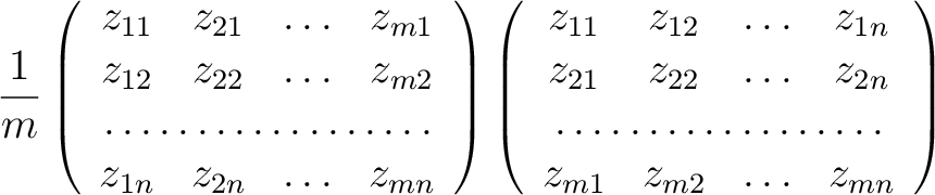 $\displaystyle {1\over m}
\left(
\begin{array}{cccc}
z_{11} & z_{21} & \ldots & ...
...icolumn{4}{c}{\dotfill}\\
z_{m1} & z_{m2} & \ldots & z_{mn}
\end{array}\right)$