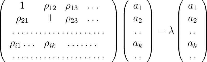 $\displaystyle \left(
\begin{array}{ccccc}
1 & \rho_{12} & \rho_{13} & \ldots &...
...lumn{1}{c}{\dotfill}\\
a_k\\
\multicolumn{1}{c}{\dotfill}
\end{array}\right)
$